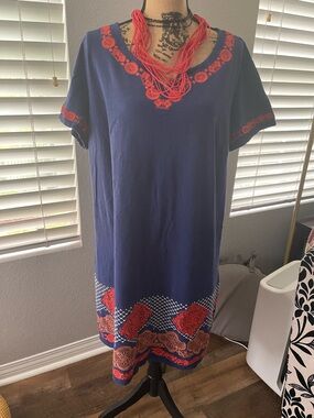 C. Wonder Navy Midi Dress with Red Embroidered Accents